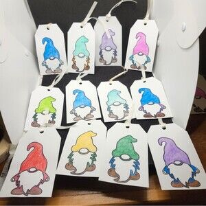 Hand Crafted Colorful Gnome Gift Tags Thank You Cards Set of 12